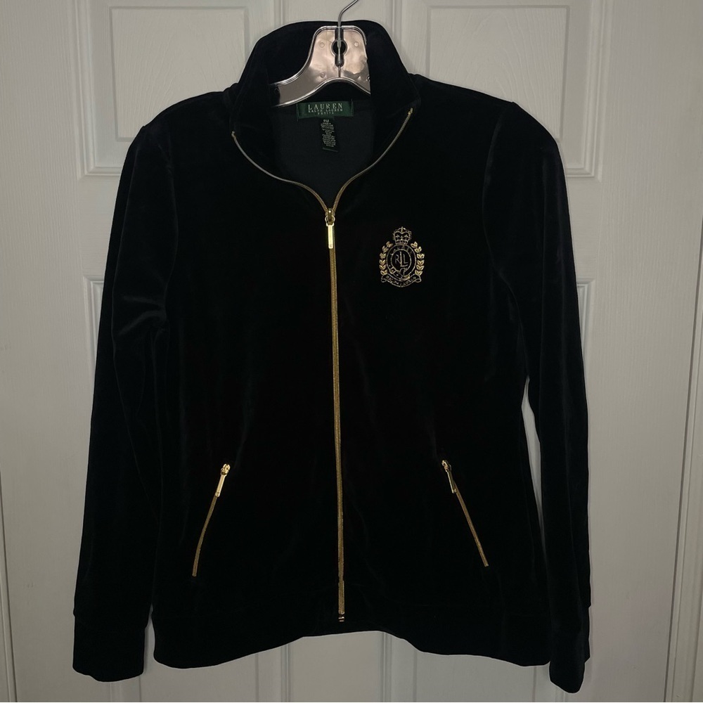 Lauren Ralph Lauren Velour Velvet Black Full Zip Sweater Petite Medium